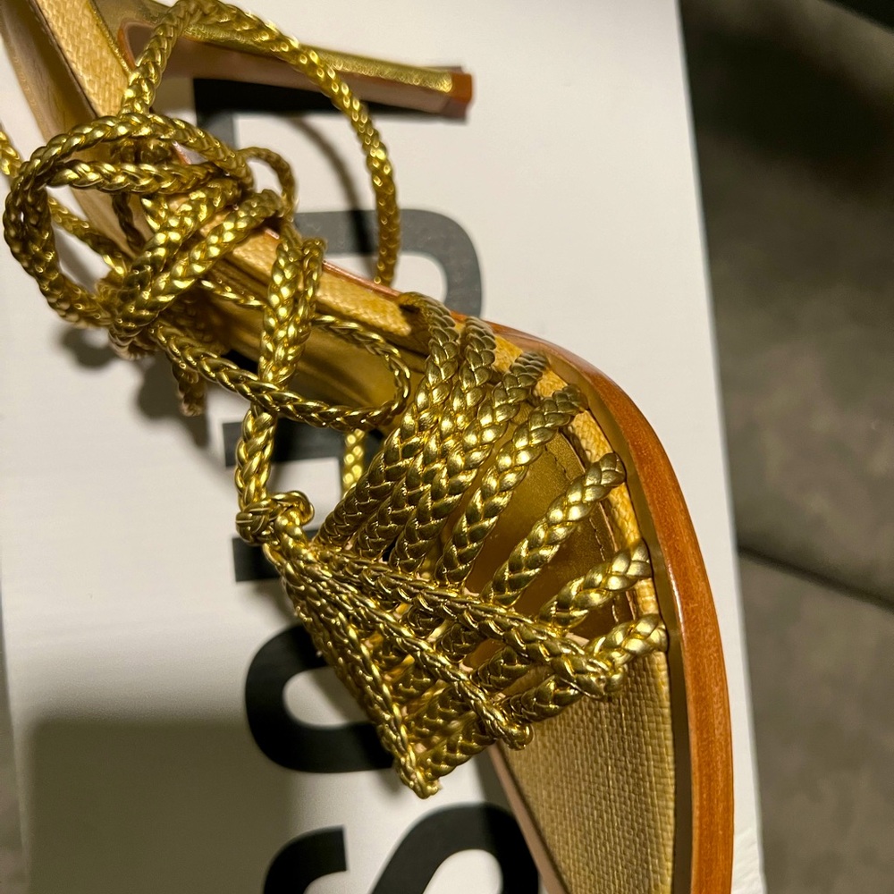 Schultz neutral and gold strap heels